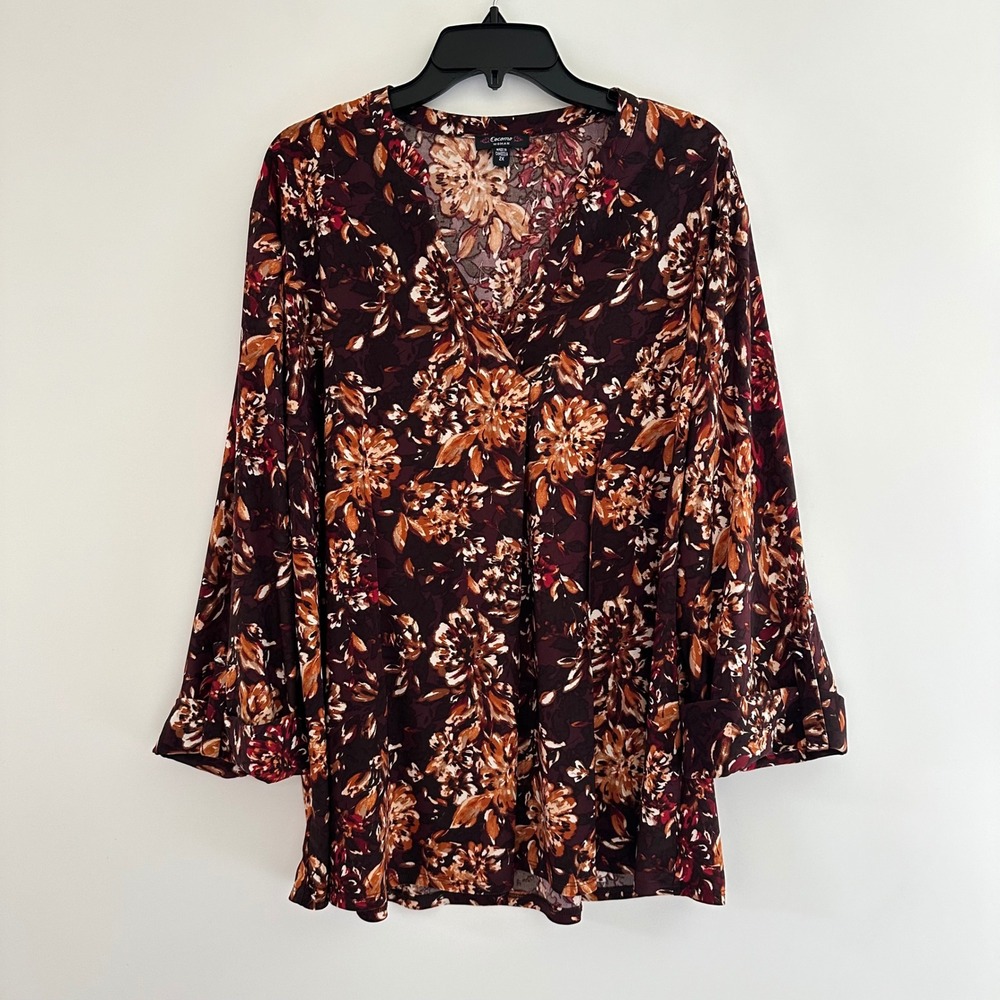 Cocomo Floral V-Neck Tunic Top Womens 2X Blouse 3/4 Sleeve Boho Fall Stretch